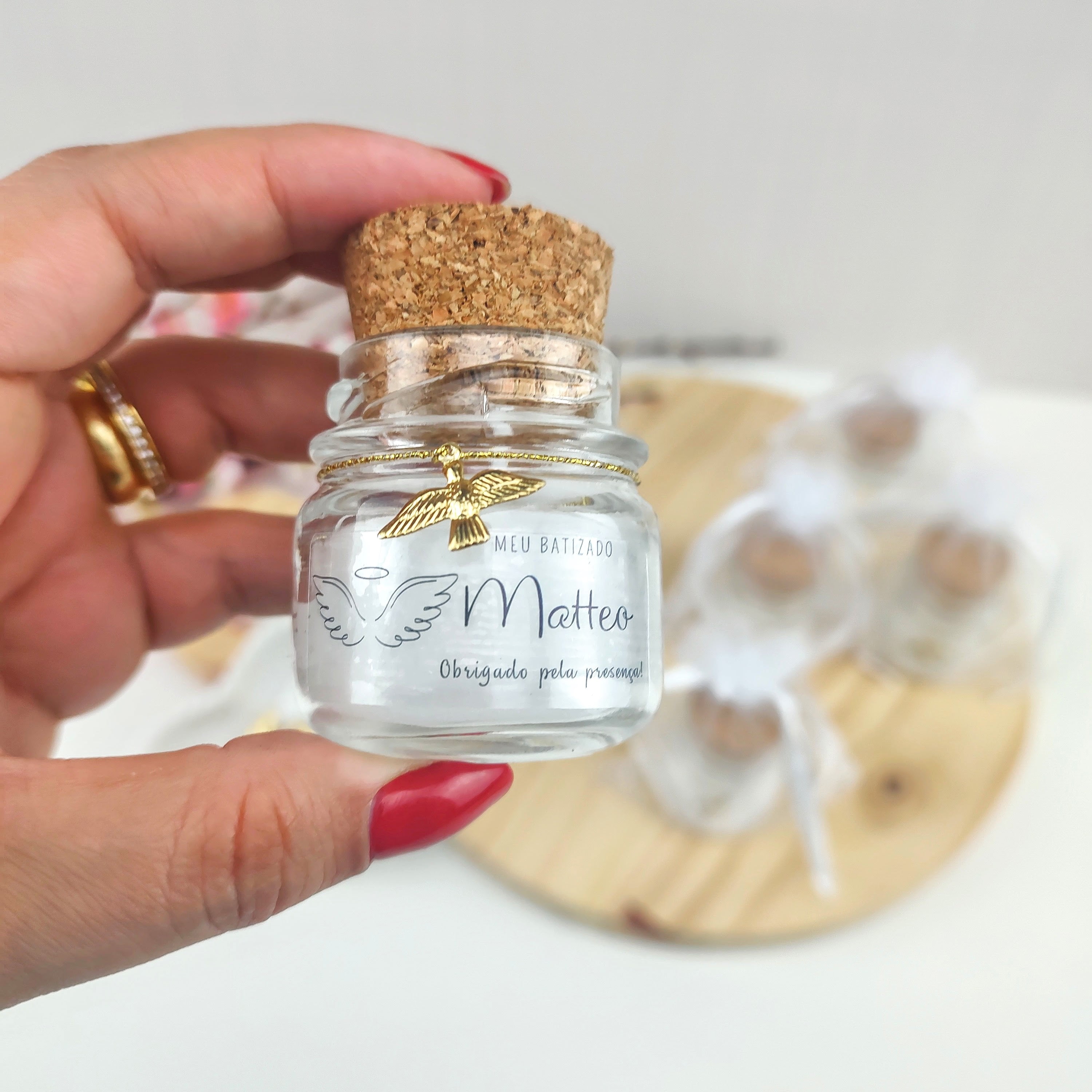 Lembrancinha de Batizado Vela Aromática com Rolha + Pingente + Organza