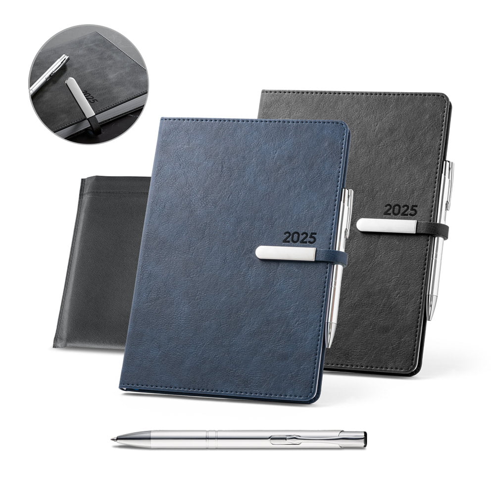 Agenda Personalizada 2025 Modelo VERLAINE B5 e Caneta Personalizada com Plano Semanal