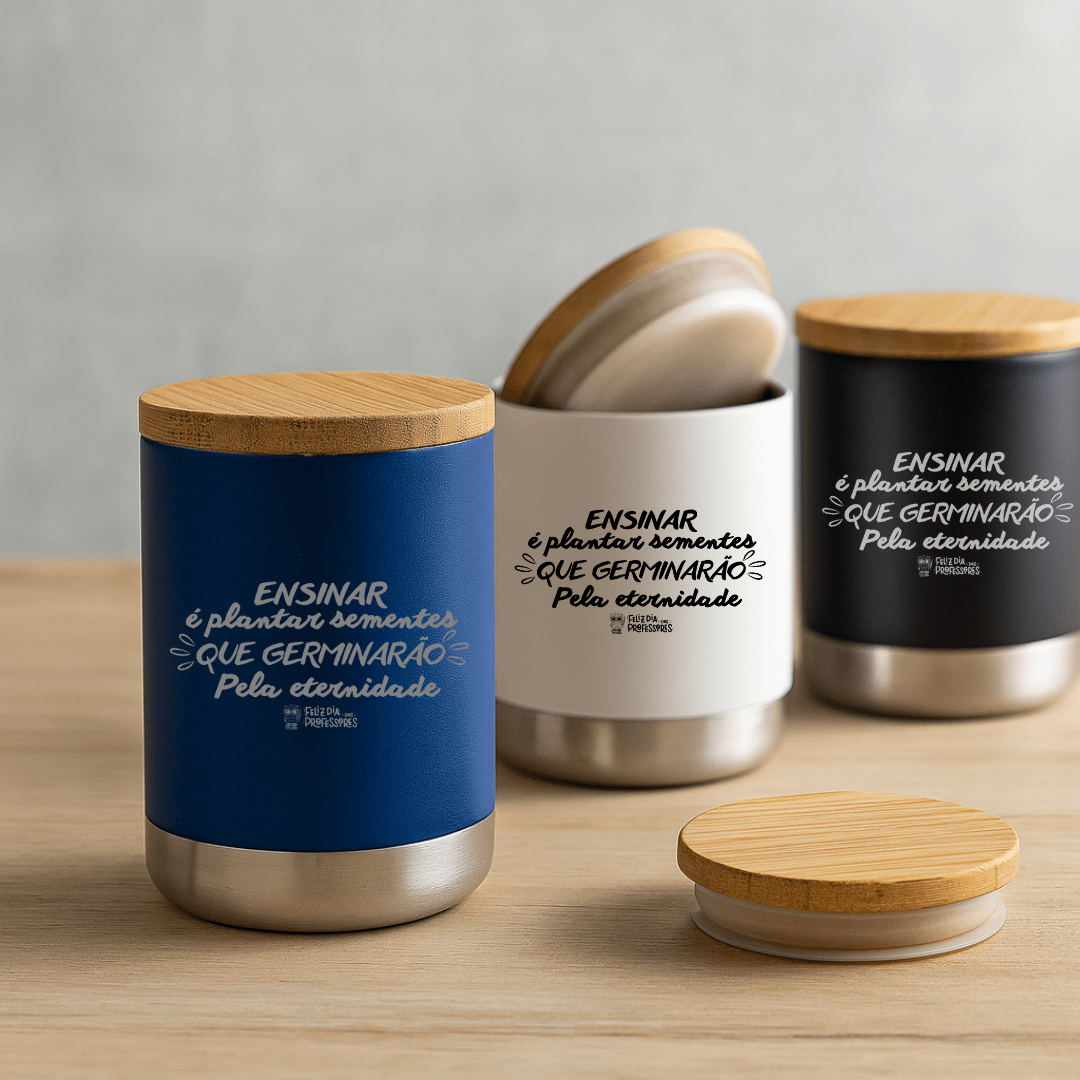 Brinde Presente Dia dos Professores Personalizado Copo Térmico Personalizado em Aço Inox 370 ml Tampa Bambu SP94661-PROF
