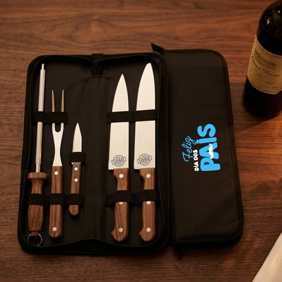 Brinde Presente Dia dos Pais Kit Churrasco Personalizado Estojo de Nylon 5 Peças X08016-PAI