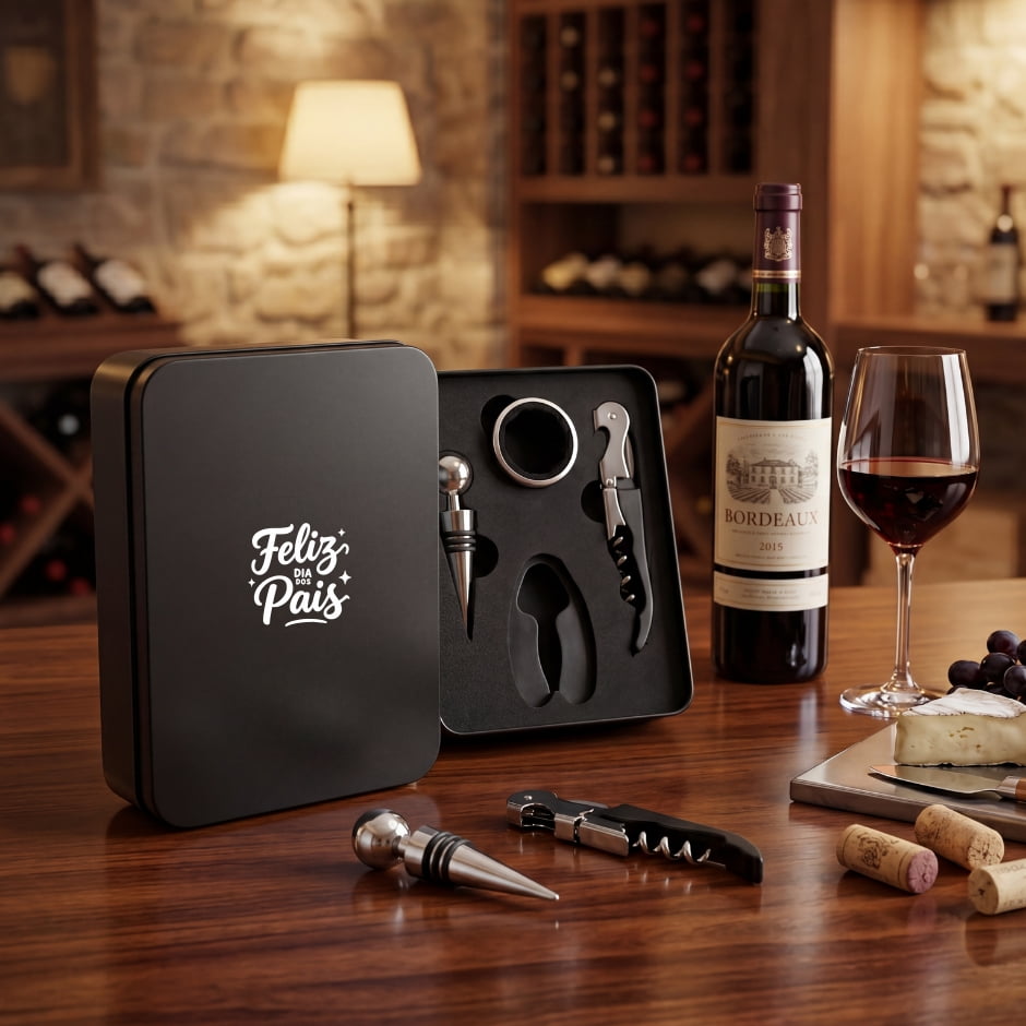 Brinde Presente Dia dos Pais Personalizado Kit Vinho 4 Peças SMPV-01401