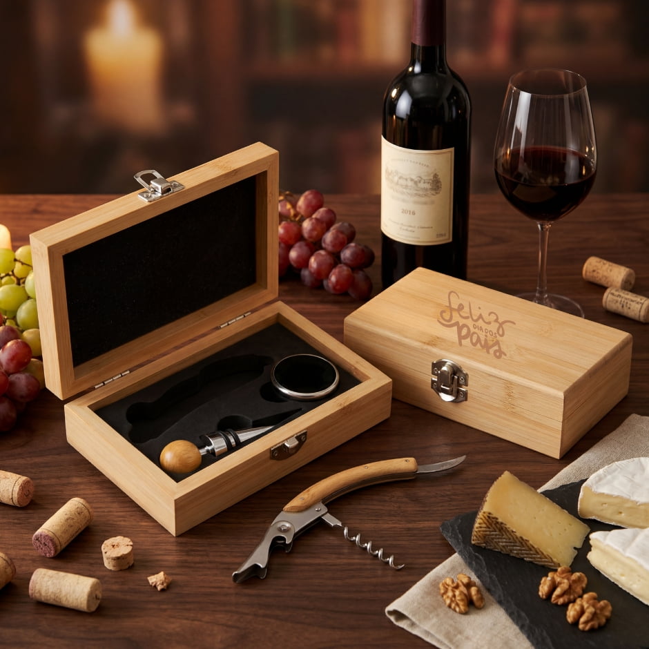 Brinde Presente Dia dos Pais Personalizado Kit Vinho Bambu 3 Peças X08169 