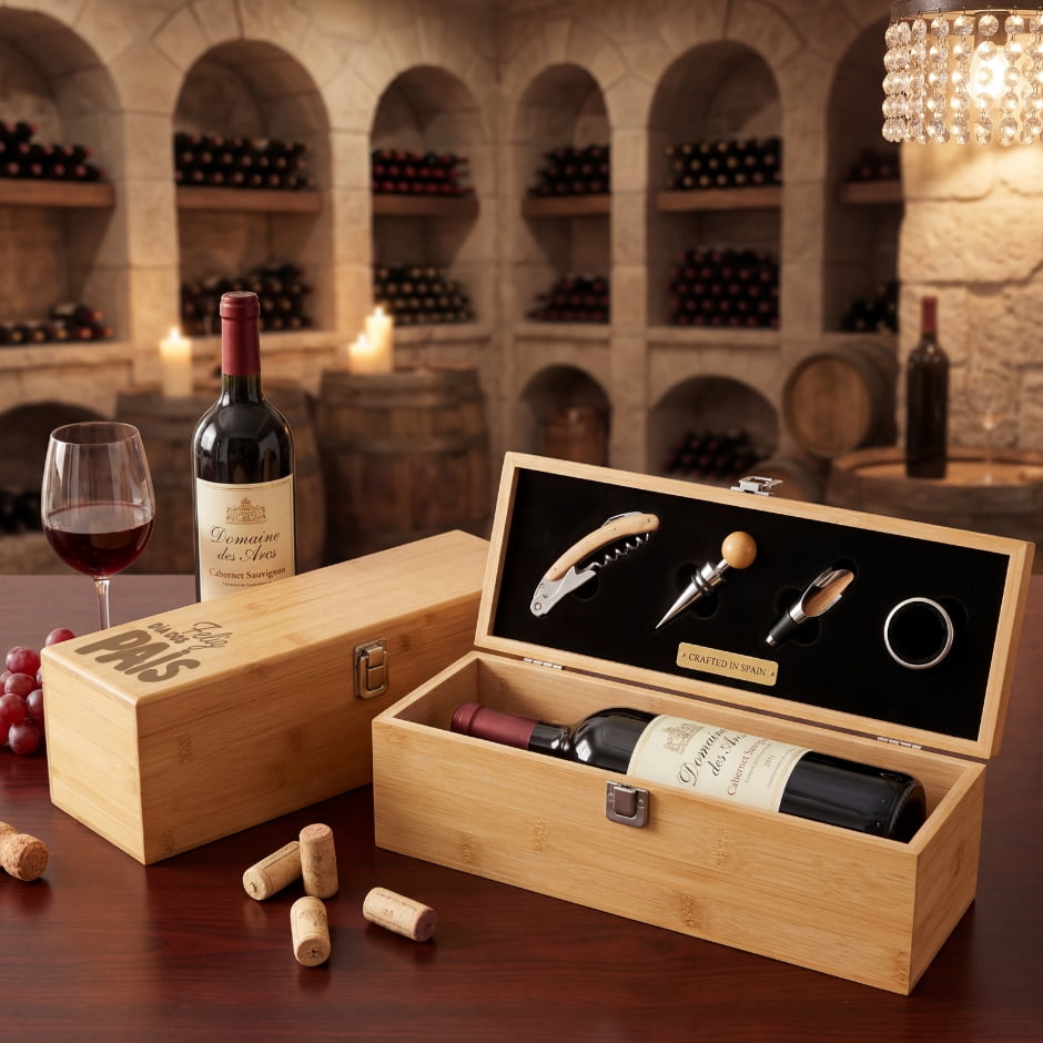 Brinde Presente Dia dos Pais Personalizado Kit Vinho Bambu 4 Peças X15361