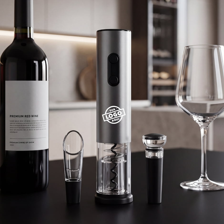 Brinde Presente Dia dos Pais Personalizado Kit Vinho Saca Rolhas Elétrico Corta Cápsulas, Rolha a vácuo e Salva-Gotas SP94332 