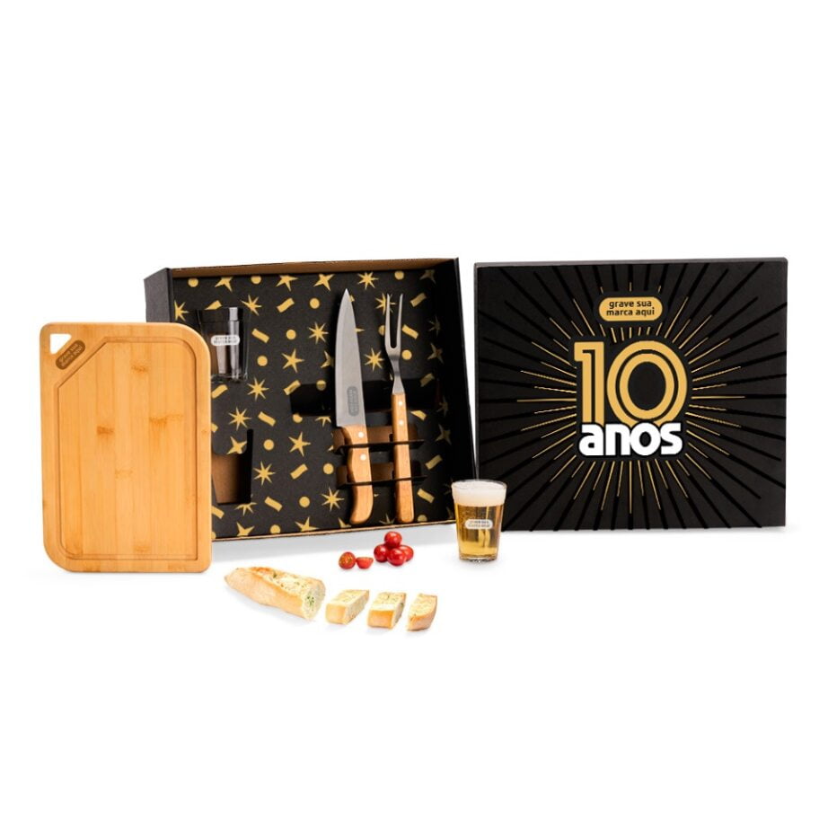 Brinde Aniversário de Empresa Personalizado Kit Churrasco Bambu e Vidro SMKT-90481-ADE Brinde Personalizado