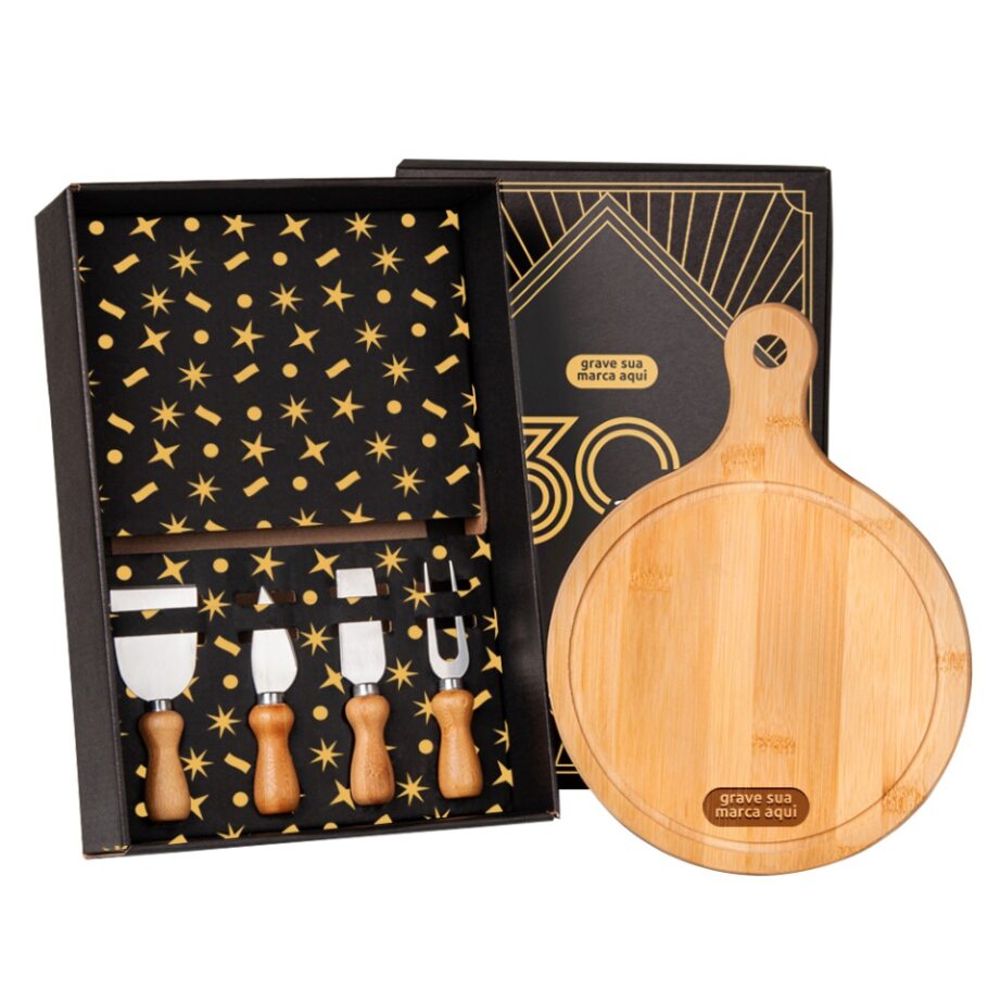 Brinde Aniversário de Empresa Personalizado Kit Queijo 5 Peças Madeira / Inox SMKT-90100-ADE Brindes Personalizados