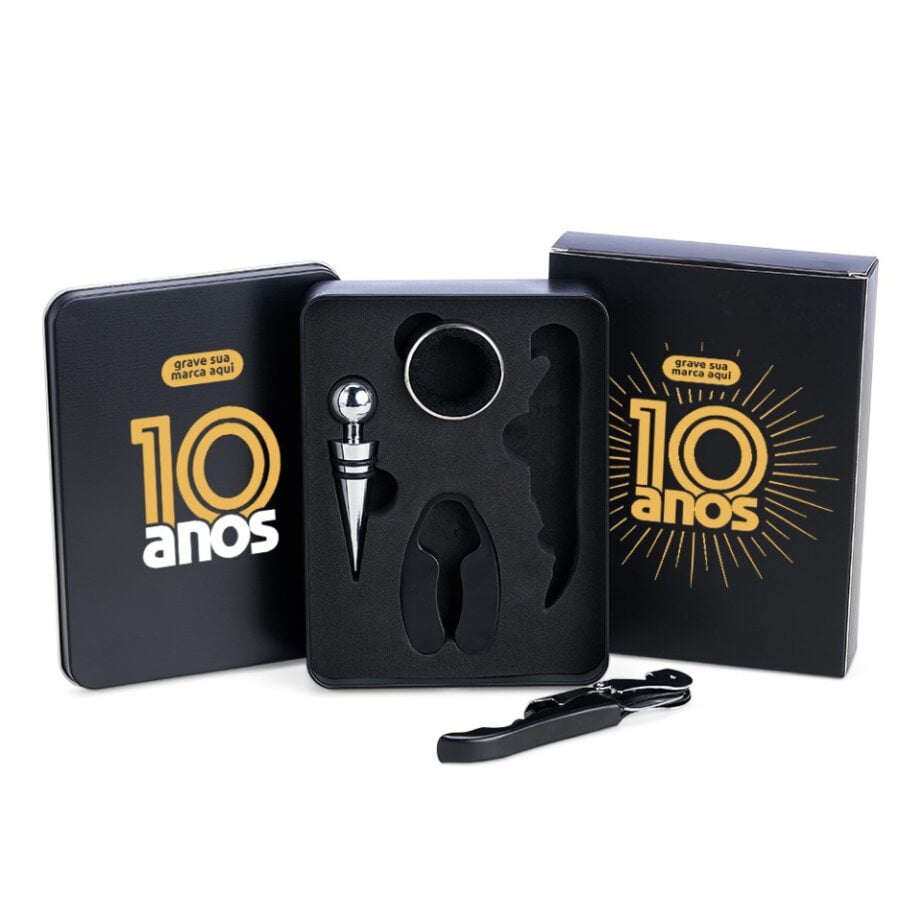 Brinde Aniversário de Empresa Personalizado Kit Vinho 4 Peças SMPV-01401-ADE Brinde Personalizado