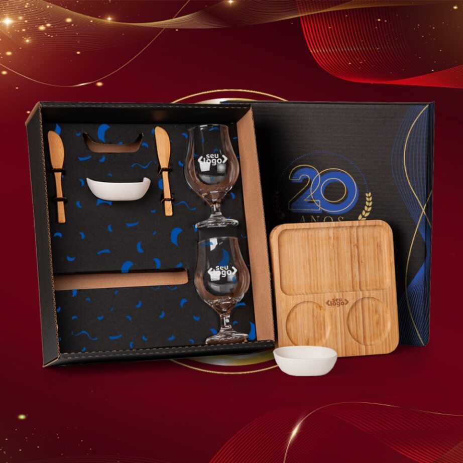 Brinde de Tempo de Casa Colaborador Personalizado Kit Petisco Bambu e Vidro 7 Peças SMKT-9021B-TDCC Brinde Personalizado
