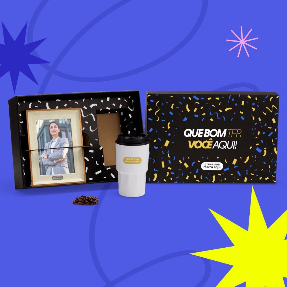 Kit Boas Vindas Personalizado Copo Térmico e Porta Retrato SMKT-90506-BV Brindes Personalizados