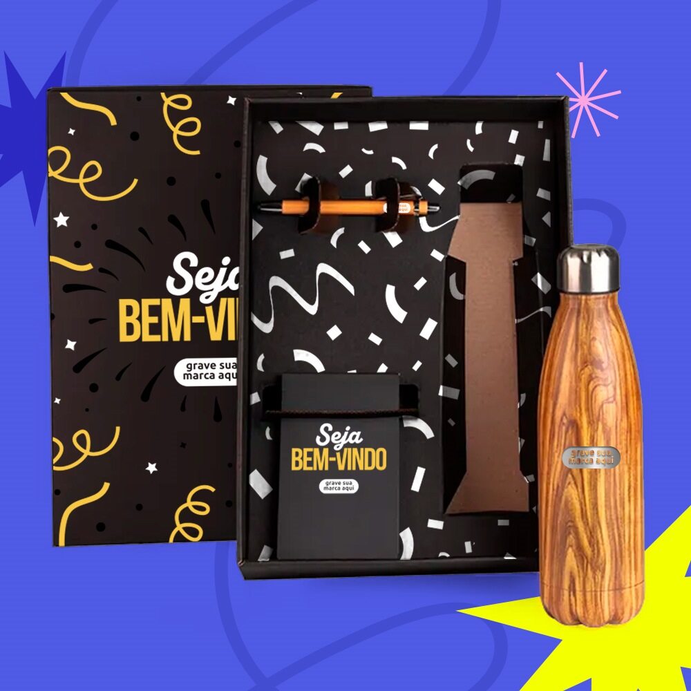 Kit Boas Vindas Personalizado Garrafa e Acessórios SMKT-9038E-BV Brindes Personalizados