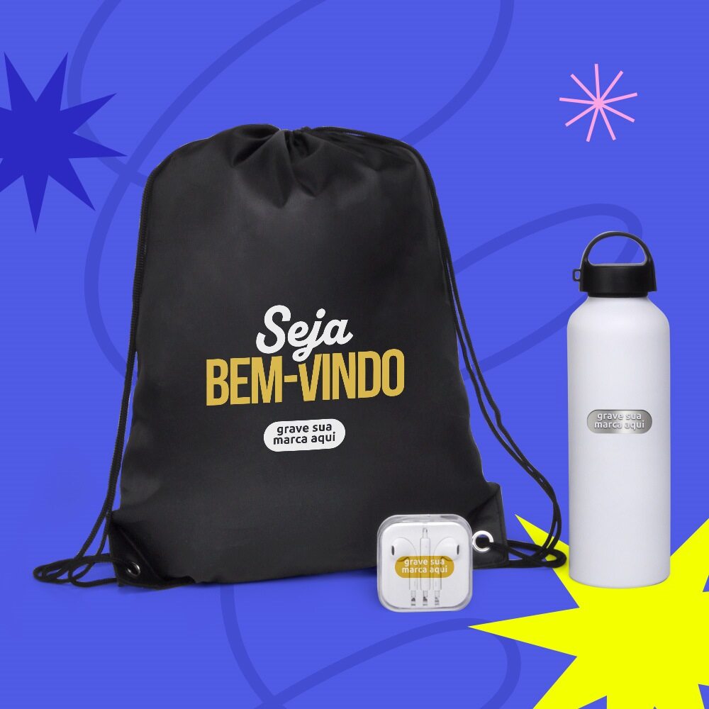Kit Boas Vindas Personalizados Fone de Ouvido, Garrafa e Mochila SMKT-90447-BV Brinde Personalizado