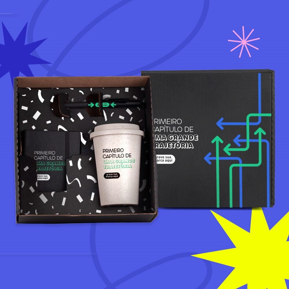 Kit Boas Vindas Personalizado Copo e Acessorios 3 Peças SMKT-9043F-BV Brindes Personalizados