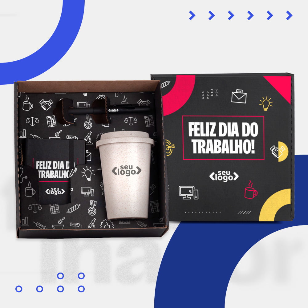 Kit Dia do Trabalho Personalizado Copo e Acessorios 3 Peças SMKT-9043F-TRB Brinde Personalizado