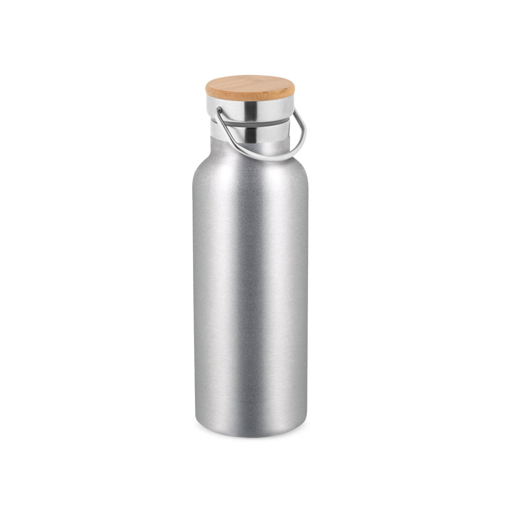 Squeeze Garrafa Térmica 570 ml Aço Inox e Tampa Bambu e Alça Brinde Personalizado Bebidas Quentes e Frias