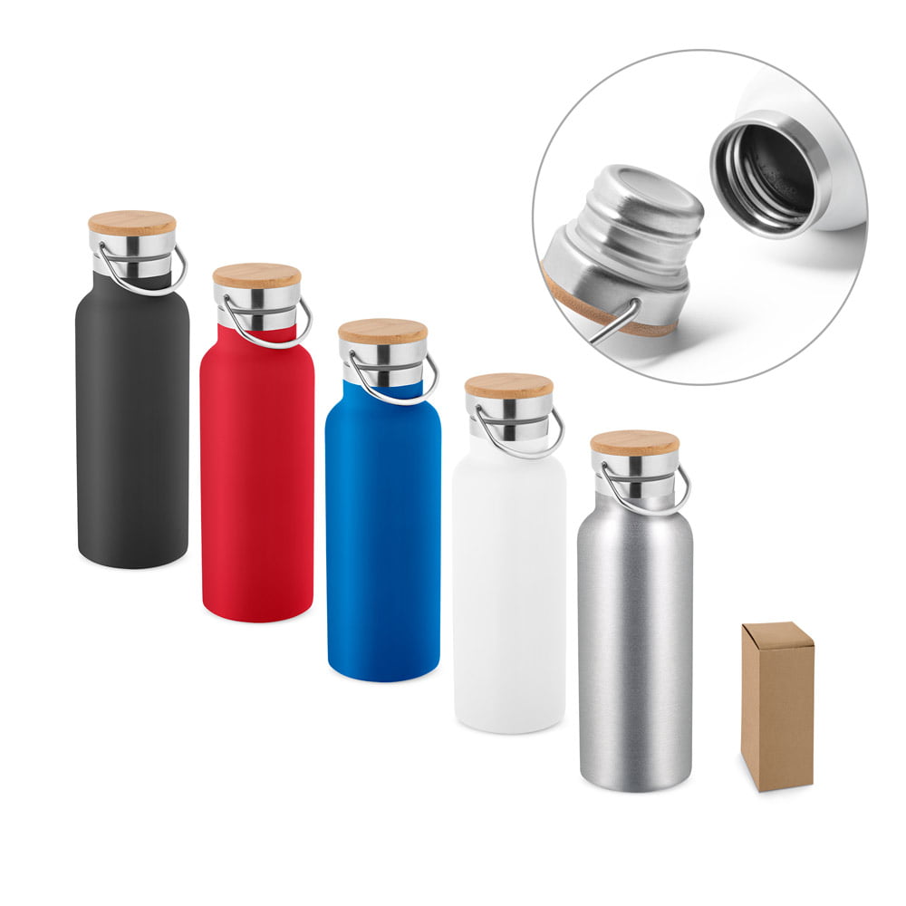 25 Squeezes Garrafa Térmica 570 ml Aço Inox e Tampa Bambu e Alça Brinde Personalizado Bebidas Quentes e Frias