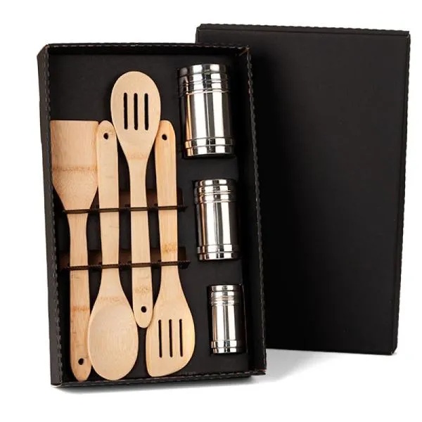 Kit Cozinha Personalizado Bambu / Inox 7 Peças SMKT-90108 Brinde Personalizado