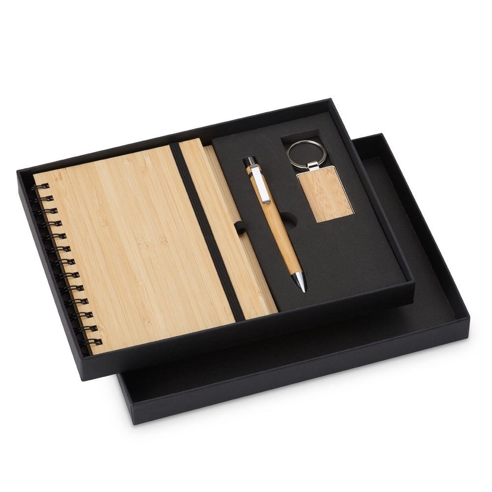 Kit Executivo Personalizado Sustentável Caneta Chaveiro e Caderneta Bambu X07048 Brinde Personalizado