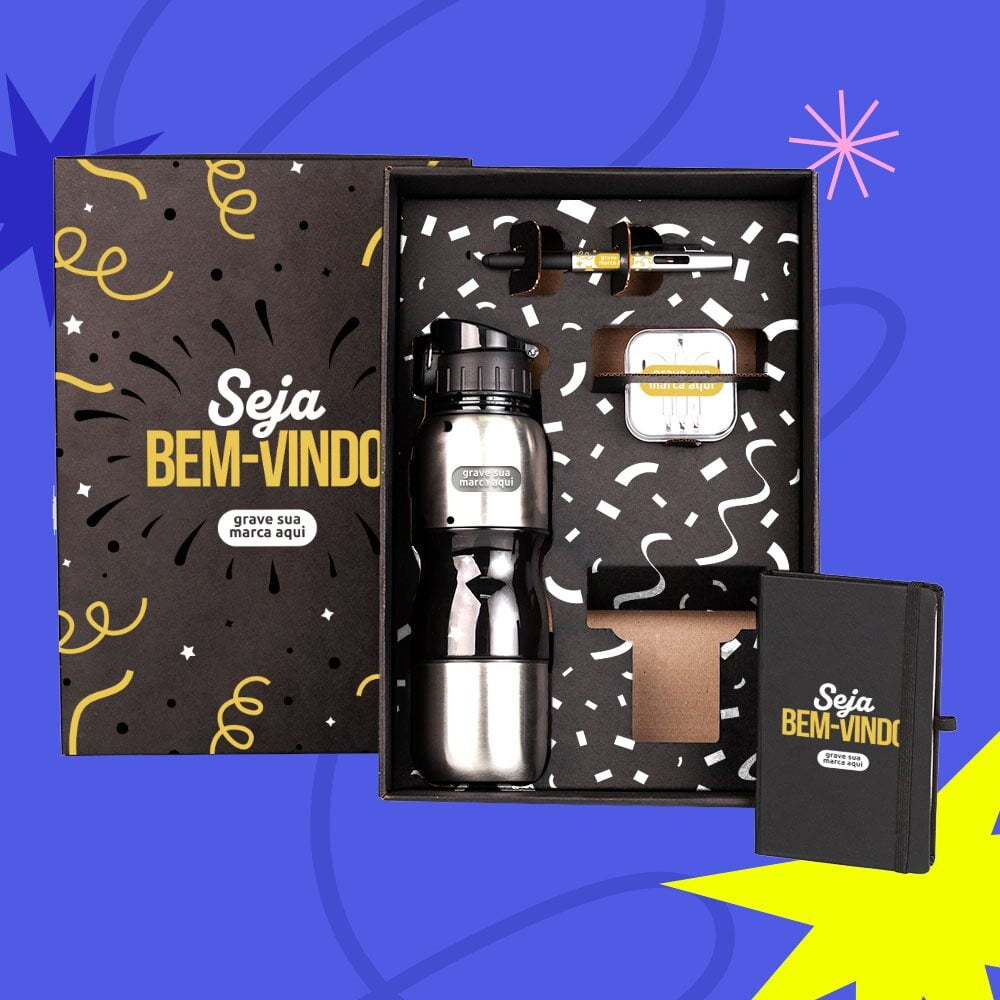 Kit Boas Vindas Personalizado Squeeze e Acessorios 4 Peças SMKT-90218-BV Brindes Personalizados