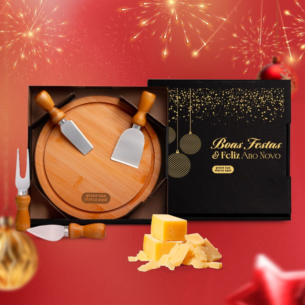 Brinde Natal Final de Ano Personalizado Kit Queijo Bambu / Madeira e Inox SMPD-15043
