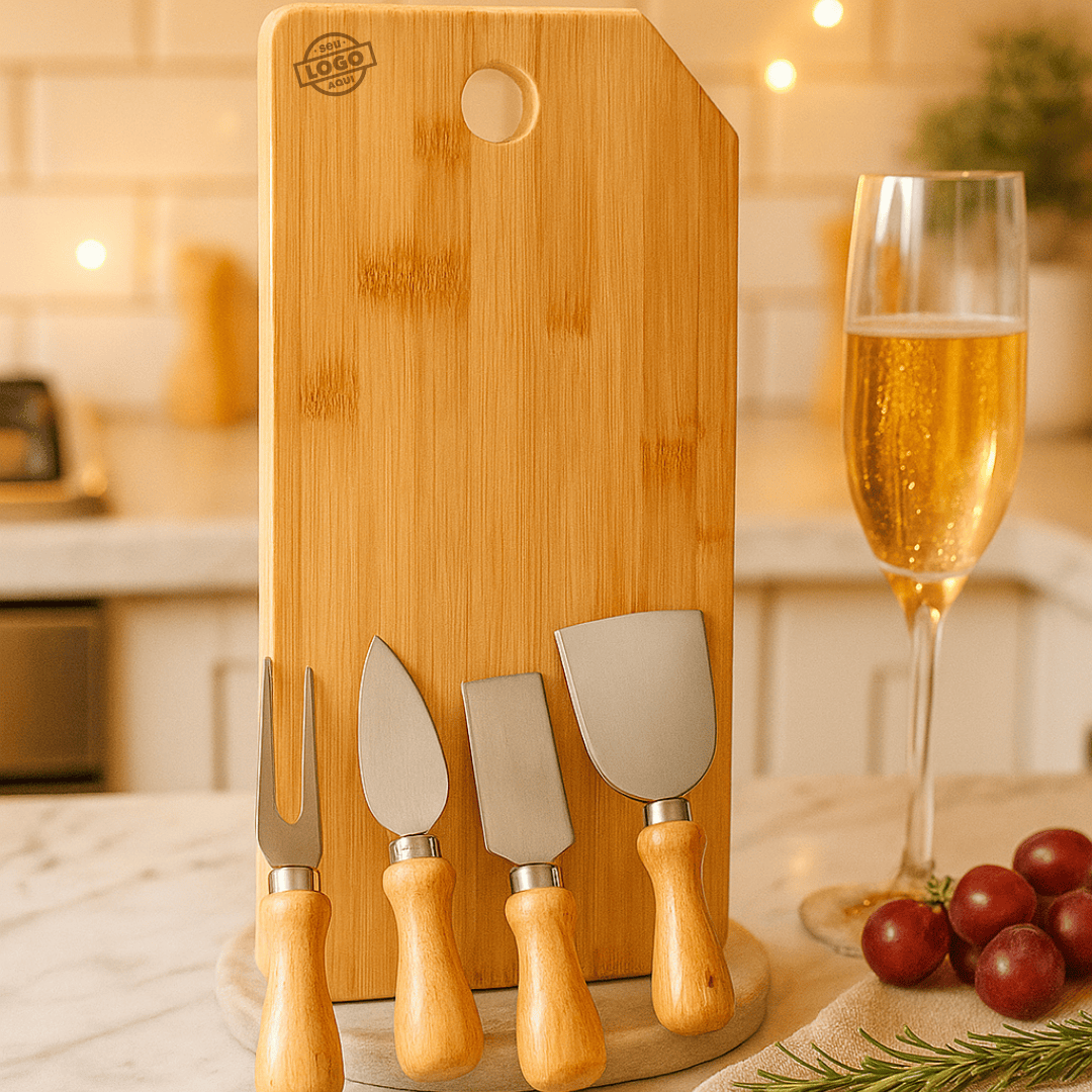 Brinde Natal Final de Ano Personalizado Kit Queijo 5 Peças Bambu / Madeira / Inox Oregon SMPD-20043