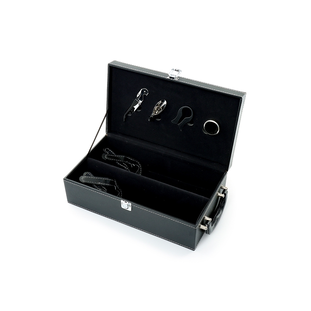 Kit Vinho Personalizado Saca Rolha Bico Condutor Cortador de Lacre Wine Collar Maleta Couro 2 Garrafas X03494 Brindes Pe