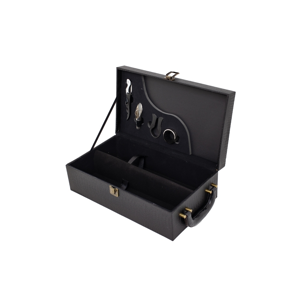 Kit Vinho Personalizado Saca Rolha Bico Condutor Cortador de Lacre Wine Collar Maleta Couro 2 Garrafas X03495B Brinde Pe