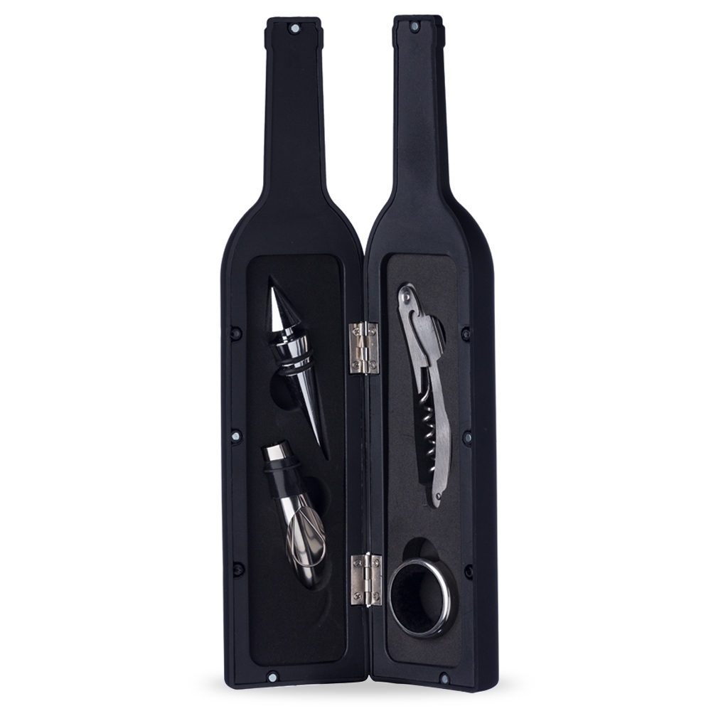 Kit Vinho Personalizado Saca Rolha Bico Condutor Wine Collar Tampa de Bico 4 Peças X12384 Brindes Personalizados