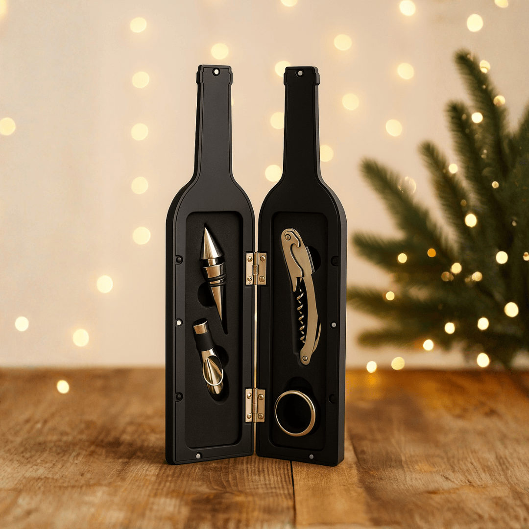 Brinde Natal Final de Ano Personalizado Kit Vinho Saca Rolha Bico Condutor Wine Collar Tampa de Bico 4 Peças X12384