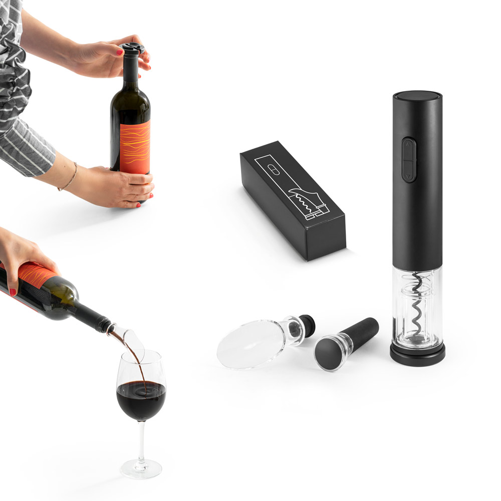 Kit Vinho Personalizado Saca Rolhas Elétrico Corta Cápsulas, Rolha a vácuo e Salva-Gotas SP94248 Brindes Personalizados