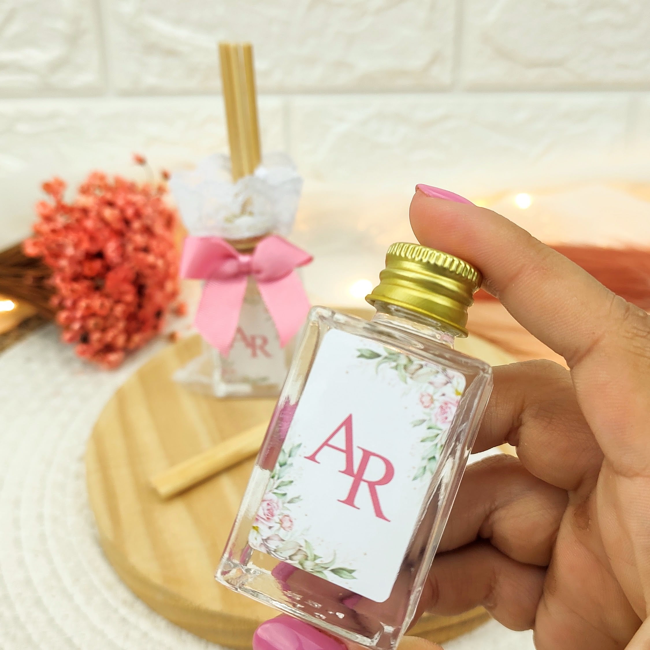 LEMBRANCINHA DE CASAMENTO AROMATIZADOR DIFUSOR 30ML ORGANZA COM RENDA LAÇO GORGURÃO