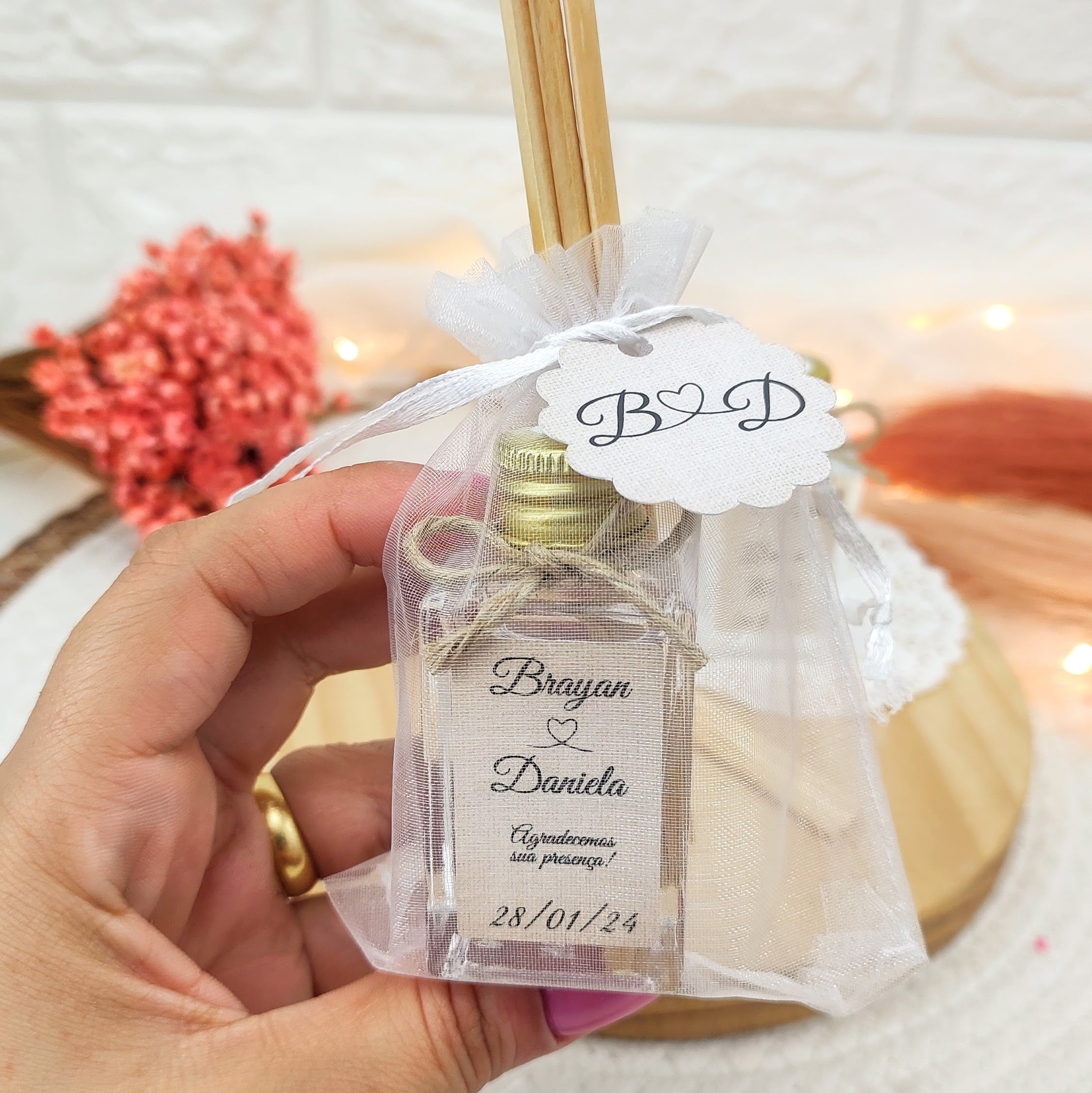 LEMBRANCINHA DE CASAMENTO AROMATIZADOR DIFUSOR 30ML ORGANZA JUTA