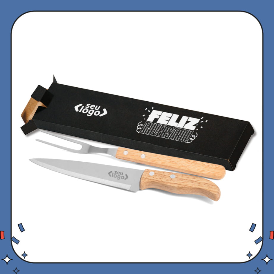 Kit Aniversário de Colaborador Personalizado Facas e Garfo em Madeira SMKF-90406-ADC Brinde Personalizado