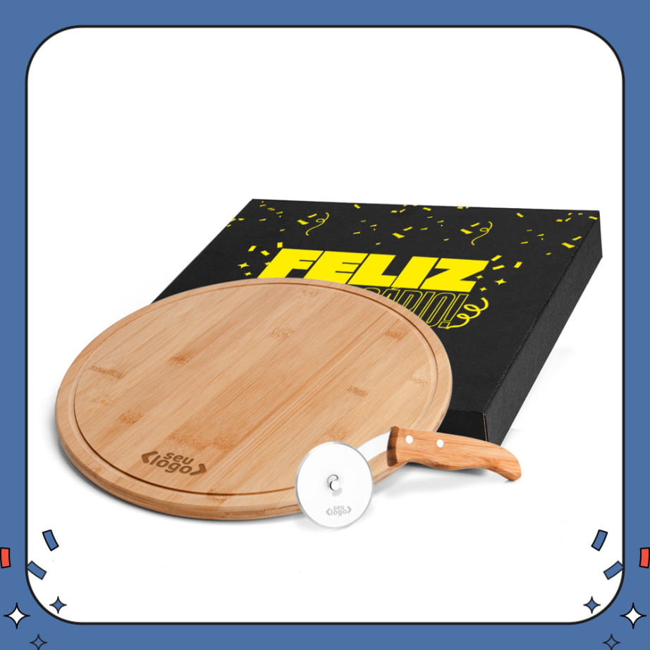 Kit Aniversário de Colaborador Personalizado Pizza Madeira / Inox / Bambu 2 Peças SMPD-10123-ADC Brindes Personalizados