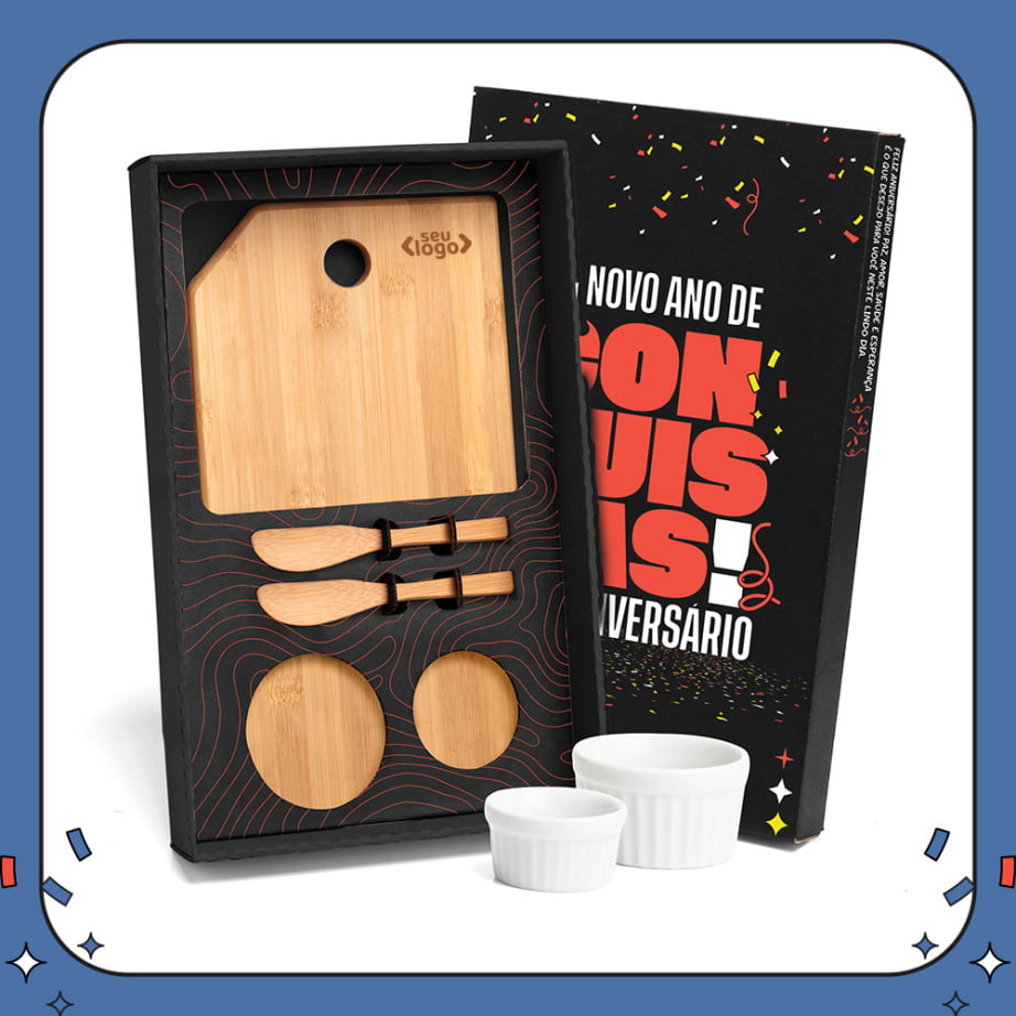Kit Aniversário de Colaborador Petisco Bambu e Porcelana 5 Peças SMKT-90120-ADC Brinde Personalizado