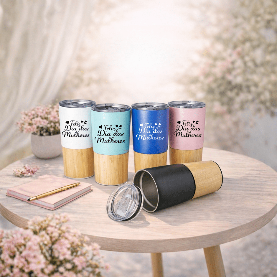 Brinde Dia Das Mulheres Personalizado Copo Térmico em Aço Inox 600 ml e detalhe Bambu X04084-MULHER Brindes Personalizados
