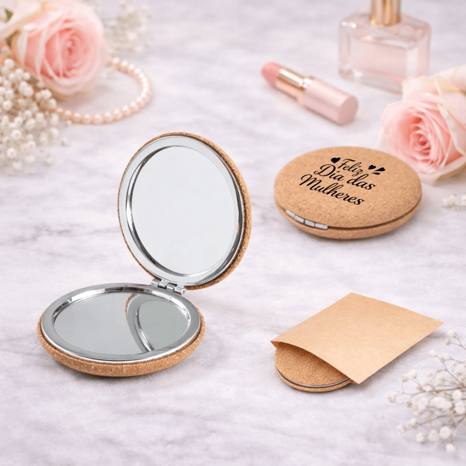 Brinde Dia Das Mulheres Personalizado Espelho de Bolso Personalizado Cortiça SP94898-MULHERES Brinde Personalizado