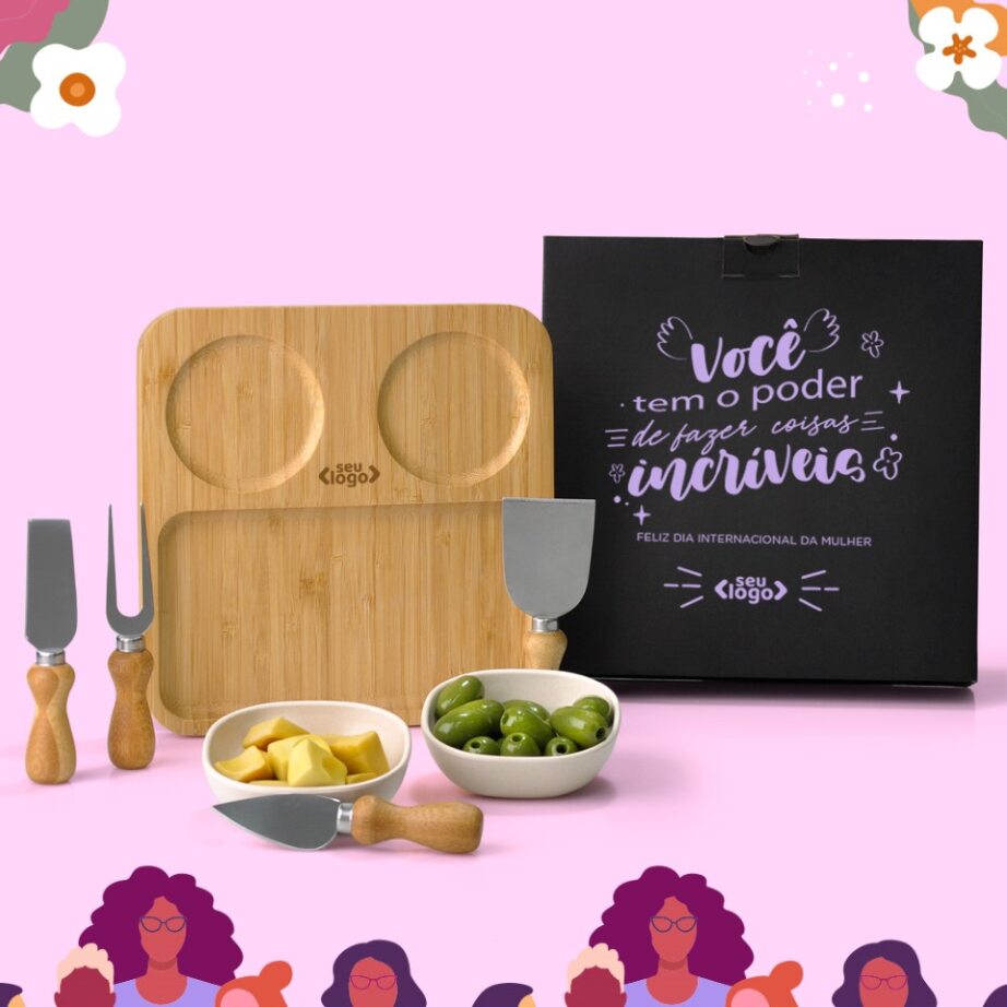 Brinde Dia Das Mulheres Personalizado Kit Petisco Bambu / Fibra de Bambu 7 Peças SMKT-9033L-MULHER Brindes Personalizados