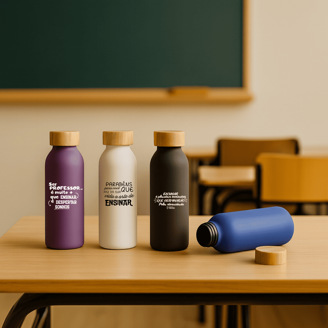 Brinde Presente Dia dos Professores Personalizado Garrafa Squeeze Alumínio 550 ml Emborrachado com Tampa Bambu