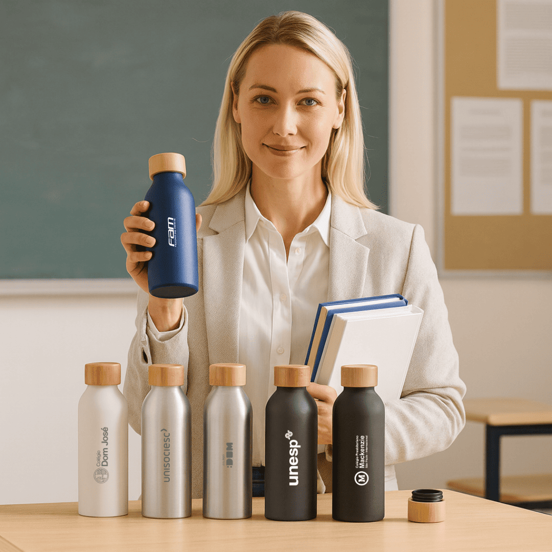 Brinde Presente Dia dos Professores Personalizado Garrafa Squeeze Alumínio com tampa Bambu 550 ml