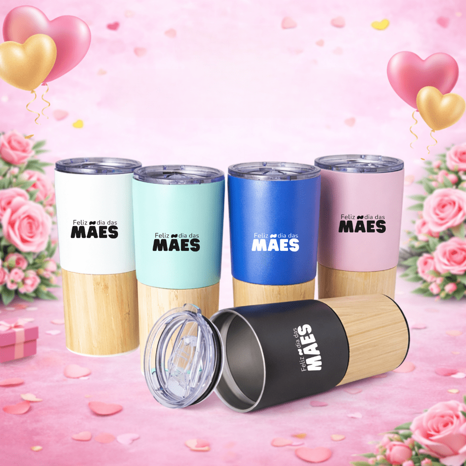 Brinde Dia Das Mães Personalizado Copo Térmico em Aço Inox 600 ml e detalhe Bambu X04084-MAE Brindes Personalizados