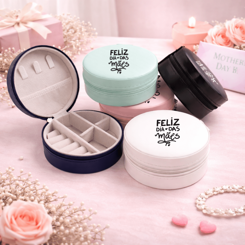 Brinde Dia Das Mães Personalizado Porta Joias Redondo Couro Sintético Aveludado X06017-MAE Brinde Personalizado