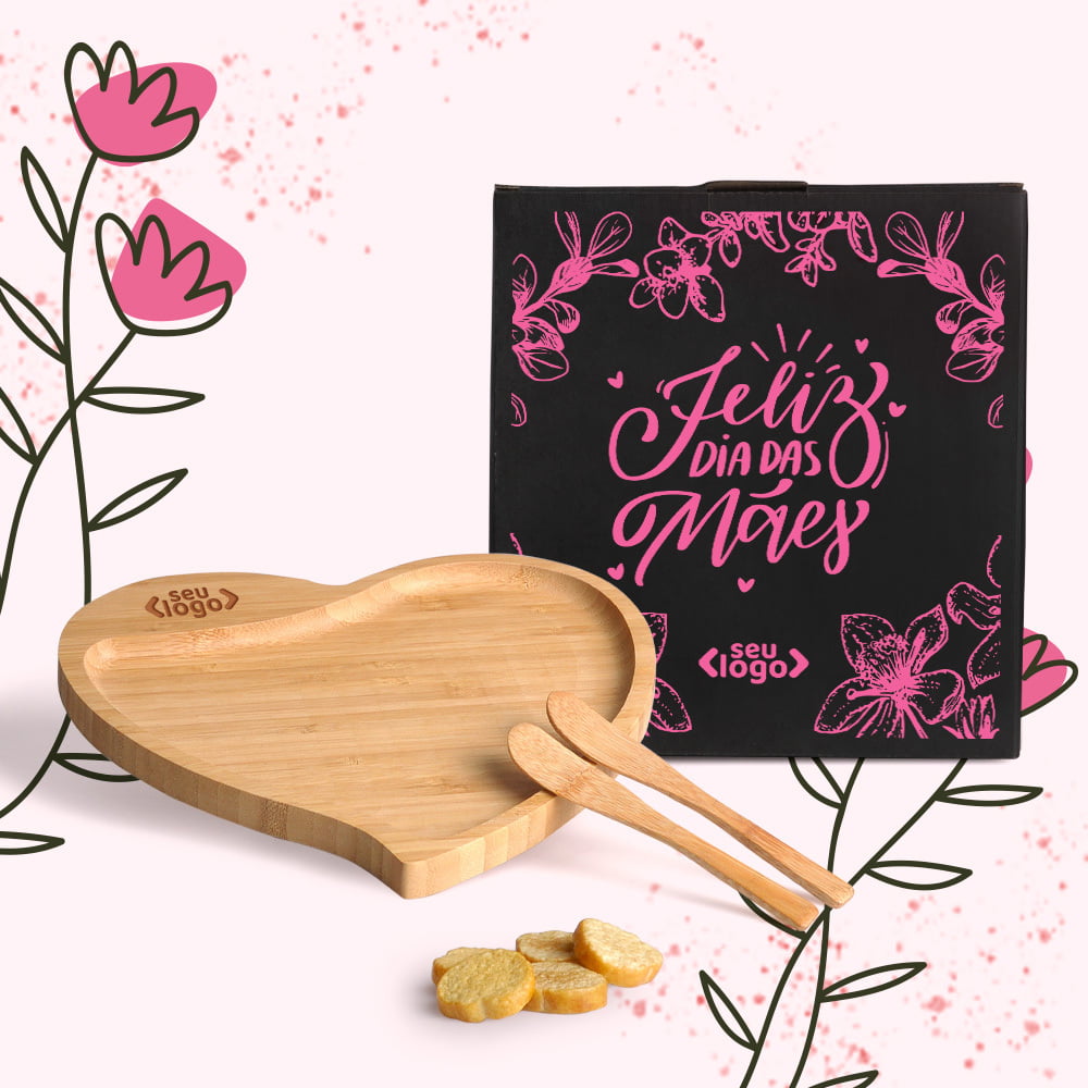 Dia das Mães Personalizado Petisqueira Bambu Formato de Coração SMPD-04X13-MAE Brinde Personalizado