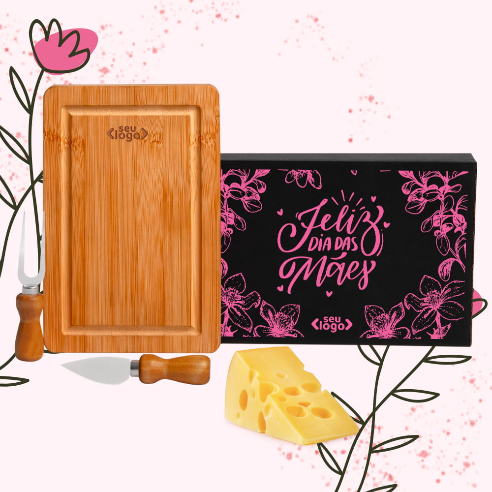 Kit Dia das Mães Personalizado Queijo 3 Peças Bambu / Inox SMPD-47023-MAE Brinde Personalizado