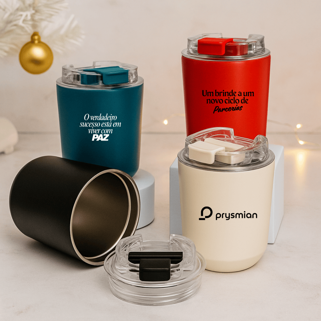 Brinde Natal Final de Ano Personalizada Copo Térmico em Aço Inox 280 ml com Tampa X18907