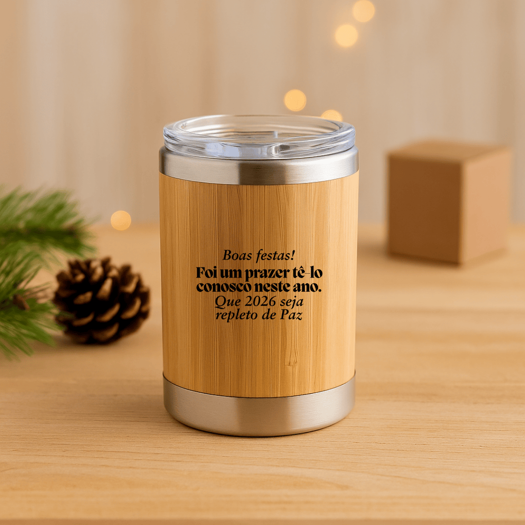 Brinde Natal Final de Ano Personalizada Copo Térmico em Aço Inox e Bambu 350 ml Sustentável SP94761