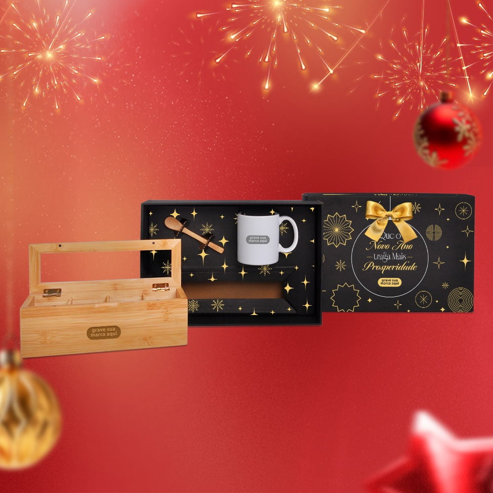 Brinde Natal Final de Ano Personalizado Kit Chá Bambu e Cerâmica SMKT-90455
