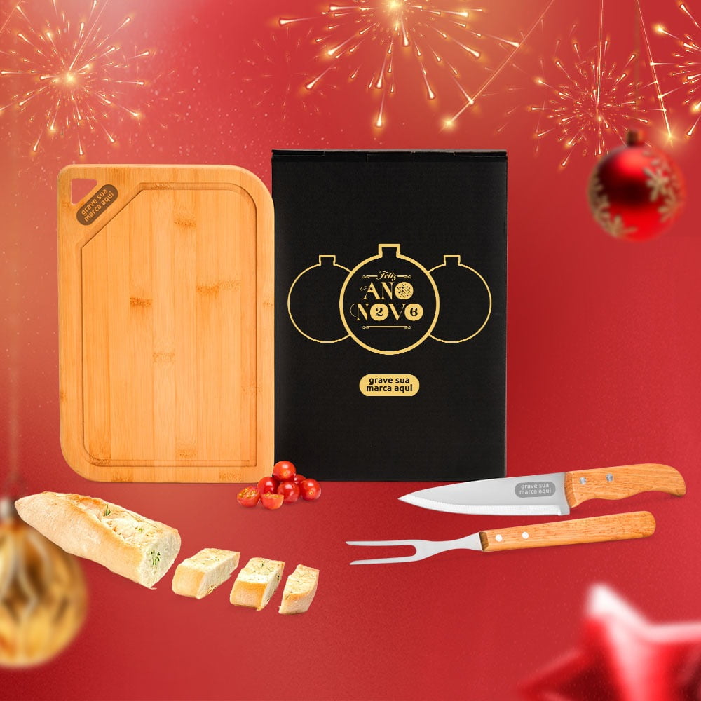 Brinde Natal Final de Ano Personalizado Kit Churrasco Bambu / Inox e Madeira 3 Peças SMMX-70066