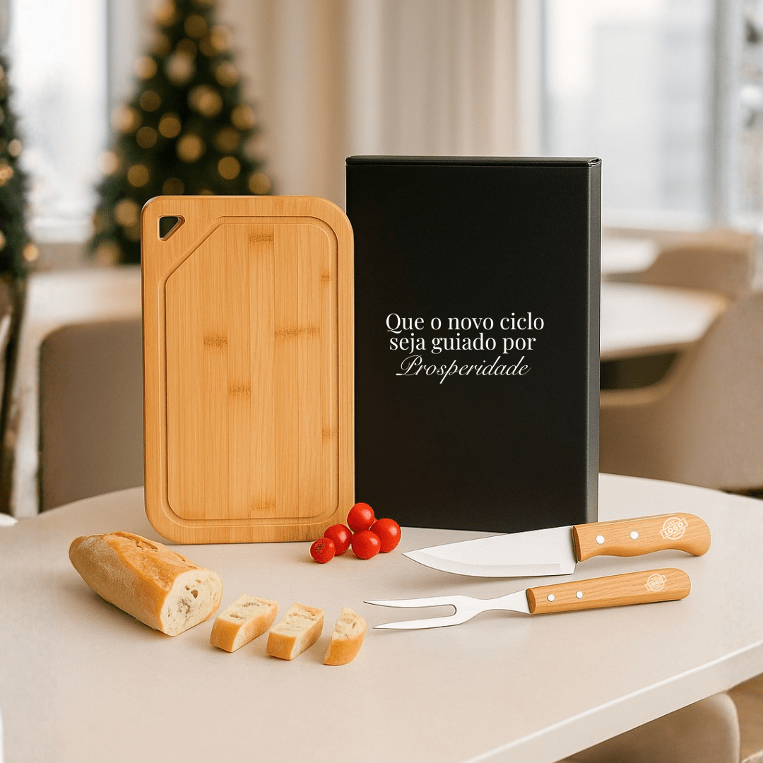Brinde Natal Final de Ano Personalizado Kit Churrasco Bambu / Inox e Madeira 3 Peças SMMX-70066