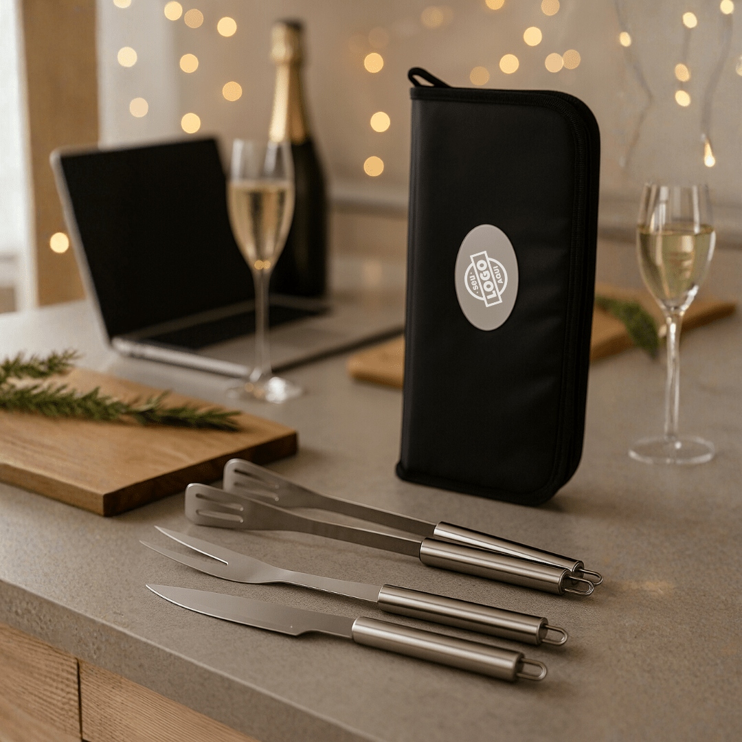 Brinde Natal Final de Ano Personalizado Kit Churrasco Estojo de Nylon 3 peças Inox X07446