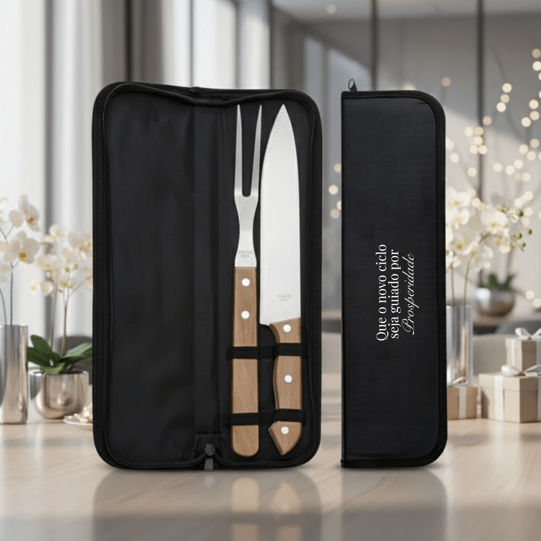 Brinde Natal Final de Ano Personalizado Kit Churrasco Garfo e Faca Estojo 2 Peças X07447